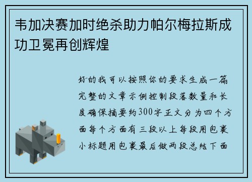 韦加决赛加时绝杀助力帕尔梅拉斯成功卫冕再创辉煌